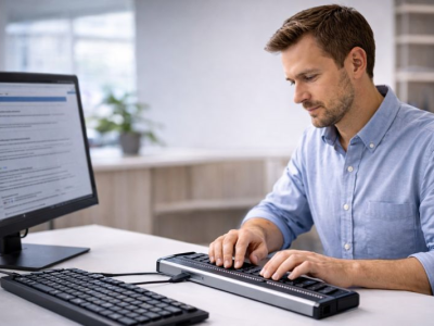 Una persona utilizza un display braille collegato al computer per accedere ai contenuti sullo schermo.