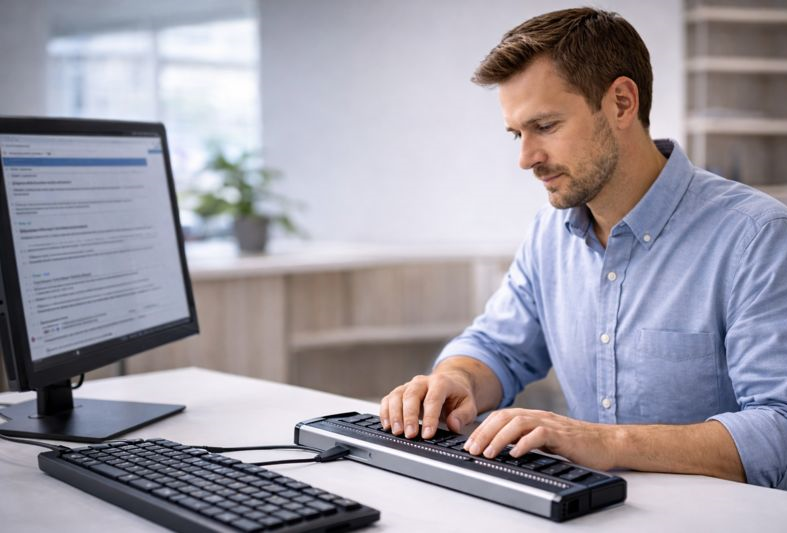 Una persona utilizza un display braille collegato al computer per accedere ai contenuti sullo schermo.