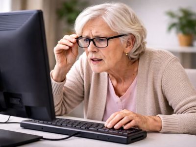 Una persona anziana si avvicina allo schermo e sistema gli occhiali per leggere più facilmente il contenuto.