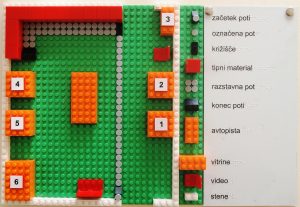 Modello tattile in LEGO della mostra I giochi della mia giovinezza, con percorsi e punti di riferimento chiaramente contrassegnati per facilitare l'orientamento dei visitatori.