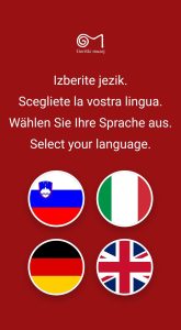 Selezione della lingua nella pagina iniziale di T-Art con le bandiere di Slovenia, Italia, Germania e Regno Unito.